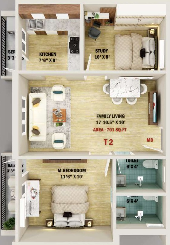 2 BHK 701 Sqft Floor Plan - DSP Mayur