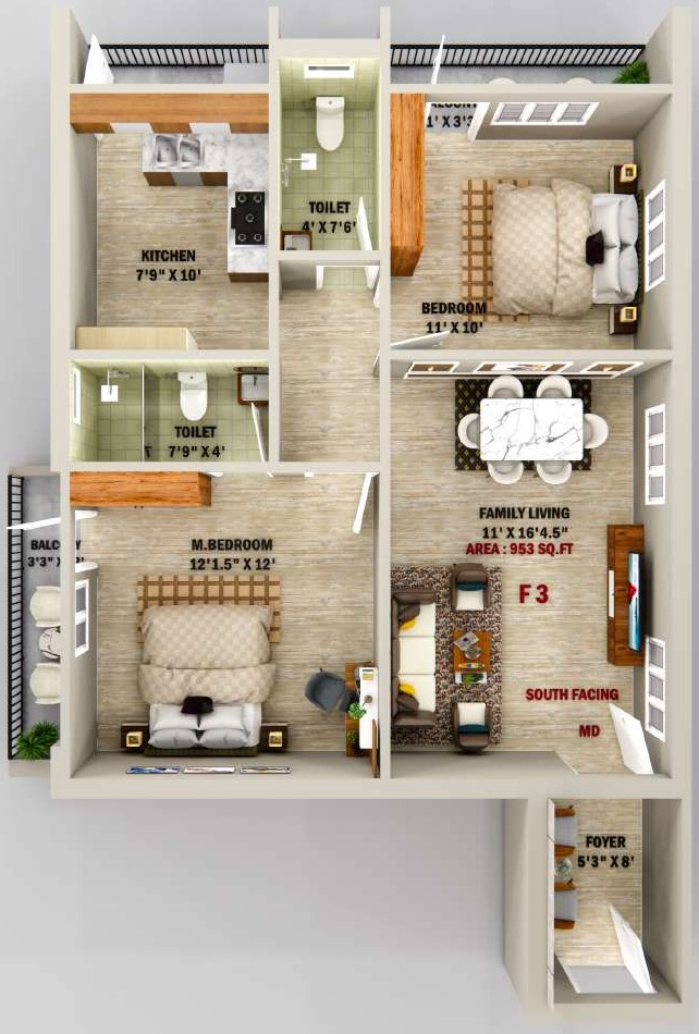 2 BHK 953 Sqft Floor Plan - DSP Mayur