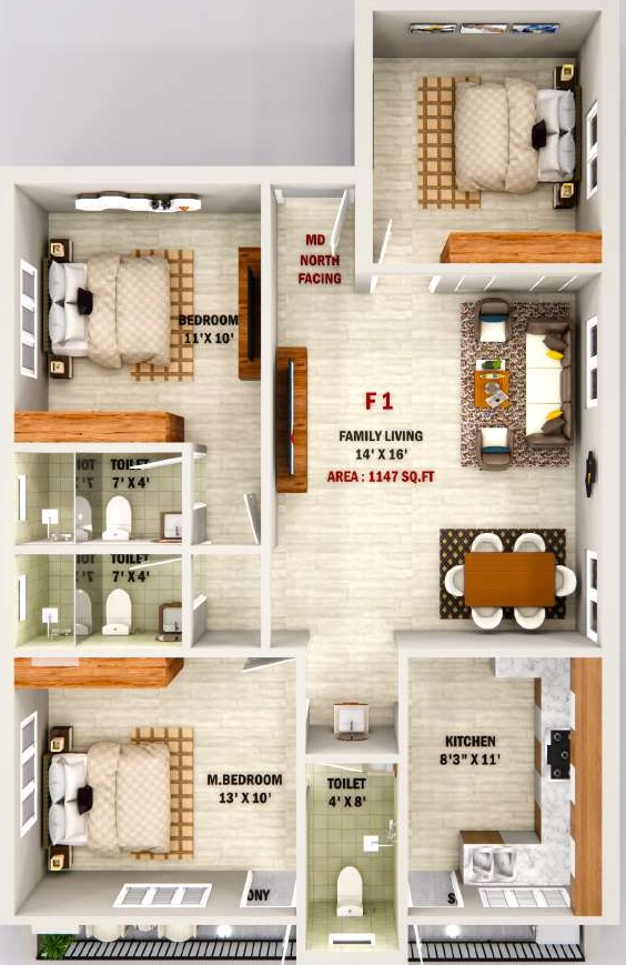 3 BHK 1147 Sqft Floor Plan - DSP Mayur